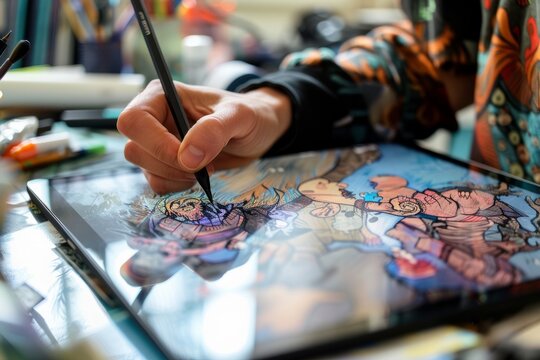 A person uses a pencil to draw on a tablet screen, creating digital illustrations and artwork