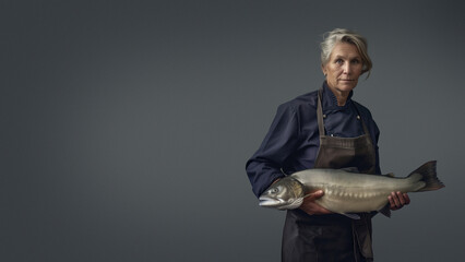 An elegant senior female chef poses with a fresh, large fish in a dark-toned setting