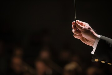 closeup of conductors hand holding a baton - obrazy, fototapety, plakaty