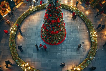 A large Christmas tree stands prominently in the middle of a plaza, decorated with festive...