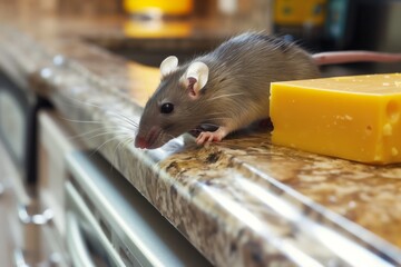 rat sniffing cheese block on kitchen counter