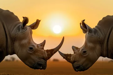 Fotobehang two rhinos facing each other during sunset © studioworkstock