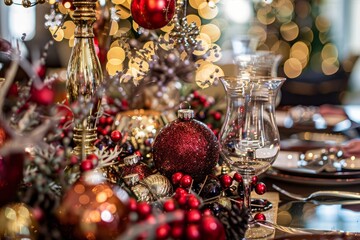 A table covered in a variety of festive Christmas decorations, creating a colorful and inviting holiday atmosphere