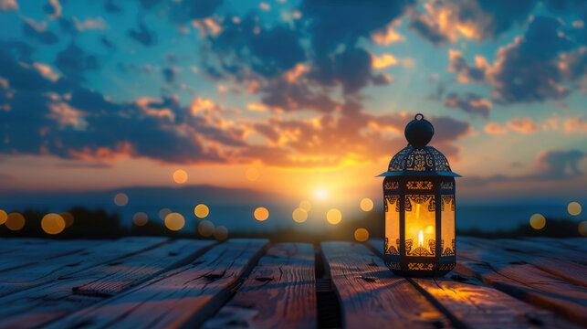 old lantern on wooden table at sunset 