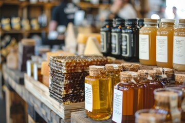 Multiple jars of honey are displayed on a table in a store, showcasing local products from producers - obrazy, fototapety, plakaty