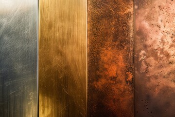 A collection of metal plates displaying different colors and textures, including brushed steel, copper, and aluminum