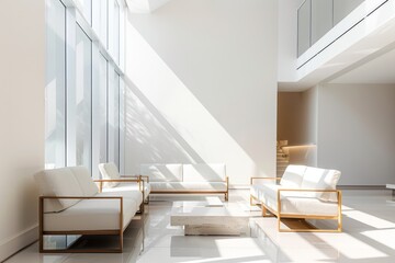 A living room decorated in minimalist style, featuring white furniture and expansive windows, creating a bright and airy space