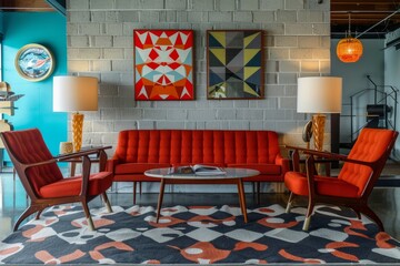 A midcentury modern living room featuring a red couch and two chairs