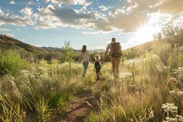 A man and a woman are walking together on a trail, accompanied by a child. They are enjoying a family outdoor adventure in nature