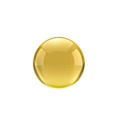 Oil gold glass ball isolated in vector on white background. Cosmetic pill capsule of vitamin E, A, Argan oil, Almond, cod liver, Omega 3, fish. Golden bubble template, transparent background