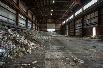 A massive collection of waste piled up in a warehouse, awaiting processing and disposal by waste management facilities