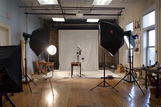 A commercial photography studio setup with bright lights, lighting equipment, backdrops, and props being prepared for a session
