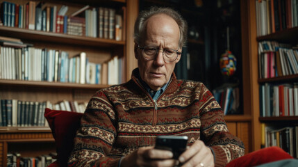 A man customer holding smartphone using apps on mobile cell phone, looking at cellphone technology device doing online ecommerce shopping or banking financial payments at home.