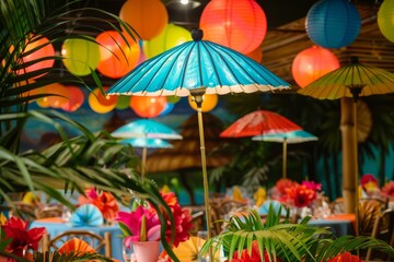 Various umbrellas arranged neatly on a table, part of themed party decorations for events like tropical luau or retro parties - obrazy, fototapety, plakaty