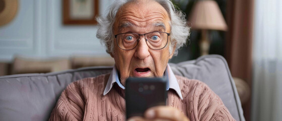 A man customer holding smartphone using apps on mobile cell phone, looking at cellphone technology device doing online ecommerce shopping or banking financial payments at home.