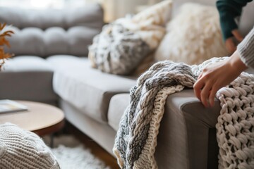person setting up a cozy nook with a knit blanket on a sofa armrest