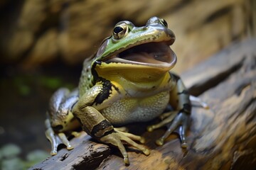closeup of frog with mouth open on a log