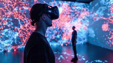 Man in virtual reality VR headset in cyber space. Art exhibition with augmented reality, virtual museum tour concept