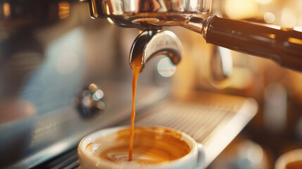 Close-Up of Coffee Being Added to Espresso Machine - obrazy, fototapety, plakaty