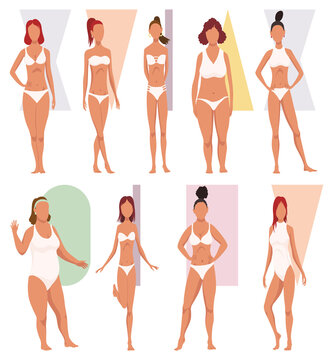 Female figures types set. Women in lingerie showing different body shapes. Diverse women in underwear. Main woman figure shape. Flat  illustrations isolated on white background