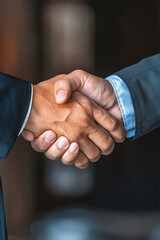 Business handshake of two business people making work partnership deal in office background. Two professional workers or partners team shaking hands as concept of trust and agreement. Close up.