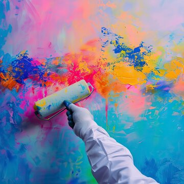 photograph of Close up of painter hand in white glove painting a wall with paint roller