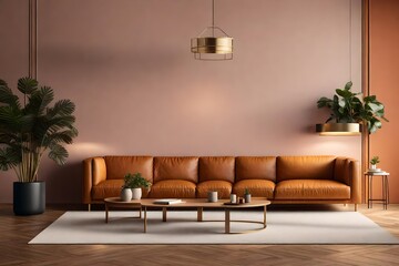 Living room interior wall mockup in warm tones with leather sofa, potted plant