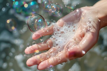 closeup of hands with water droplets and soap bubbles