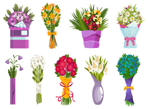 Flower bouquet icon set. Cartoon blooming bunch of plants for vase or pots. Colorful meadow greenery, garden flowers.  beautiful flat decorative floral bud composition