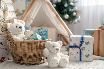 wicker basket with gifts and a white teddy bear in a childs room