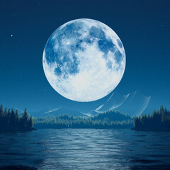 Fototapeta na wymiar Enchanting Oversized Moon Illuminates Serene Forest Lake at Night