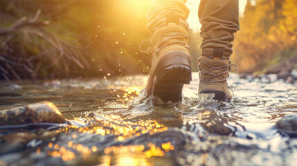 Close-Up of Hiking Boots Walking Through River