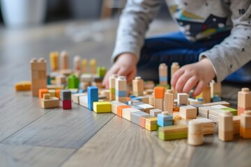 child playing with wooden block cityscape on floor