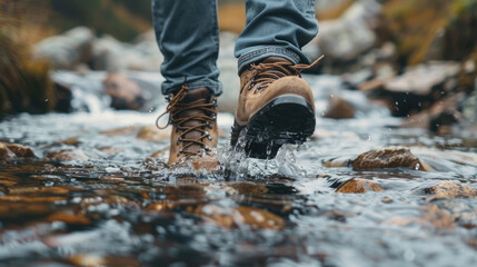 Close-Up of Hiking Boots Walking Through River