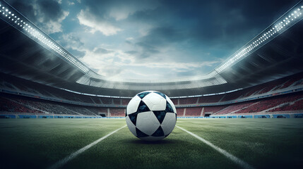 soccer ball on stadium Soccer Ball On Green Field of football stadium for background Soccer ball with stadium lights pitch and field - obrazy, fototapety, plakaty