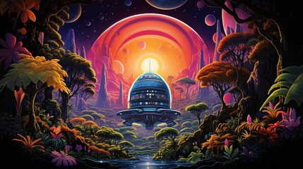 Space capsule landing on a vibrant, alien jungle planet, watercolor illustration