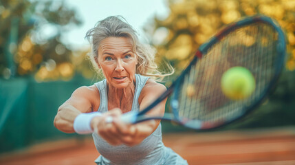 Portrait of active middle aged woman playing tennis - obrazy, fototapety, plakaty