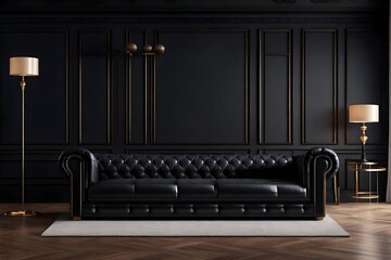 Modern classic black interior with brown leather sofa, floor lamp, carpet, wood floor