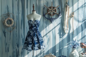 nauticalthemed summer dress on mannequin, seaside props - obrazy, fototapety, plakaty