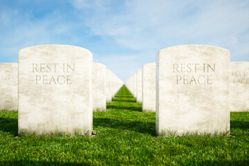 Serene Cemetery Landscape: Infinite Marble Tombstones Under a Clear Sky
