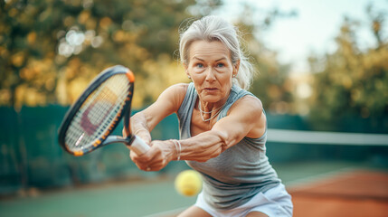 A middle-aged woman plays tennis, hits the ball with the racket, her face conveys consent and confidence. - obrazy, fototapety, plakaty