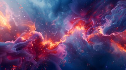 A spectacular abstract representation of a cosmic dance between fiery energies and nebulous forms in deep space. - obrazy, fototapety, plakaty