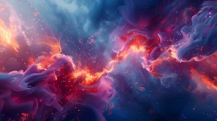 Fotobehang A spectacular abstract representation of a cosmic dance between fiery energies and nebulous forms in deep space. © Chomphu