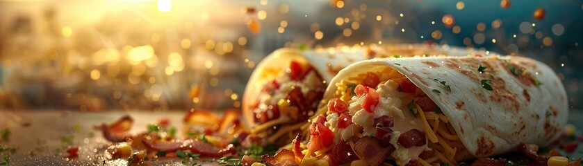 Breakfast burritos levitating in a sunrise lit sky, with bacon and eggs orbiting - obrazy, fototapety, plakaty