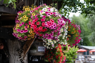 vibrant hanging flower baskets outside a quaint treehouse cafe
