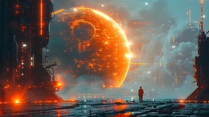 A solitary figure stands observing a massive holographic globe in a futuristic city, surrounded by glowing orange data and towering structures.