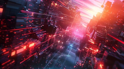 A vibrant, abstract digital cityscape bathed in neon lights, with a sense of speed and movement through a futuristic urban environment.