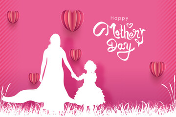 mothers day greetings card design with paper cut effect mother holding her daughter hand and hearts flying