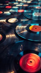 Capture the essence of music history in a visually striking way, using colors and shapes to convey the evolution of sound from vinyl records to digital formats , digital photography - obrazy, fototapety, plakaty