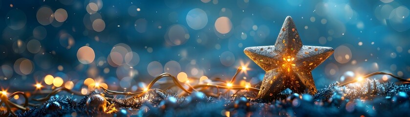 A glittering Christmas star lies amidst pine branches and twinkling fairy lights, setting a festive and magical holiday scene. - obrazy, fototapety, plakaty